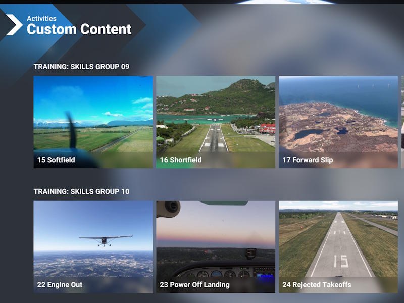 The MSFS 2024 Activities screen showing custom Accelerated Pilot mission tiles including Softfield, Shortfield, Forward Slip, Engine Out, Power Off Landing, and Rejected Takeoffs