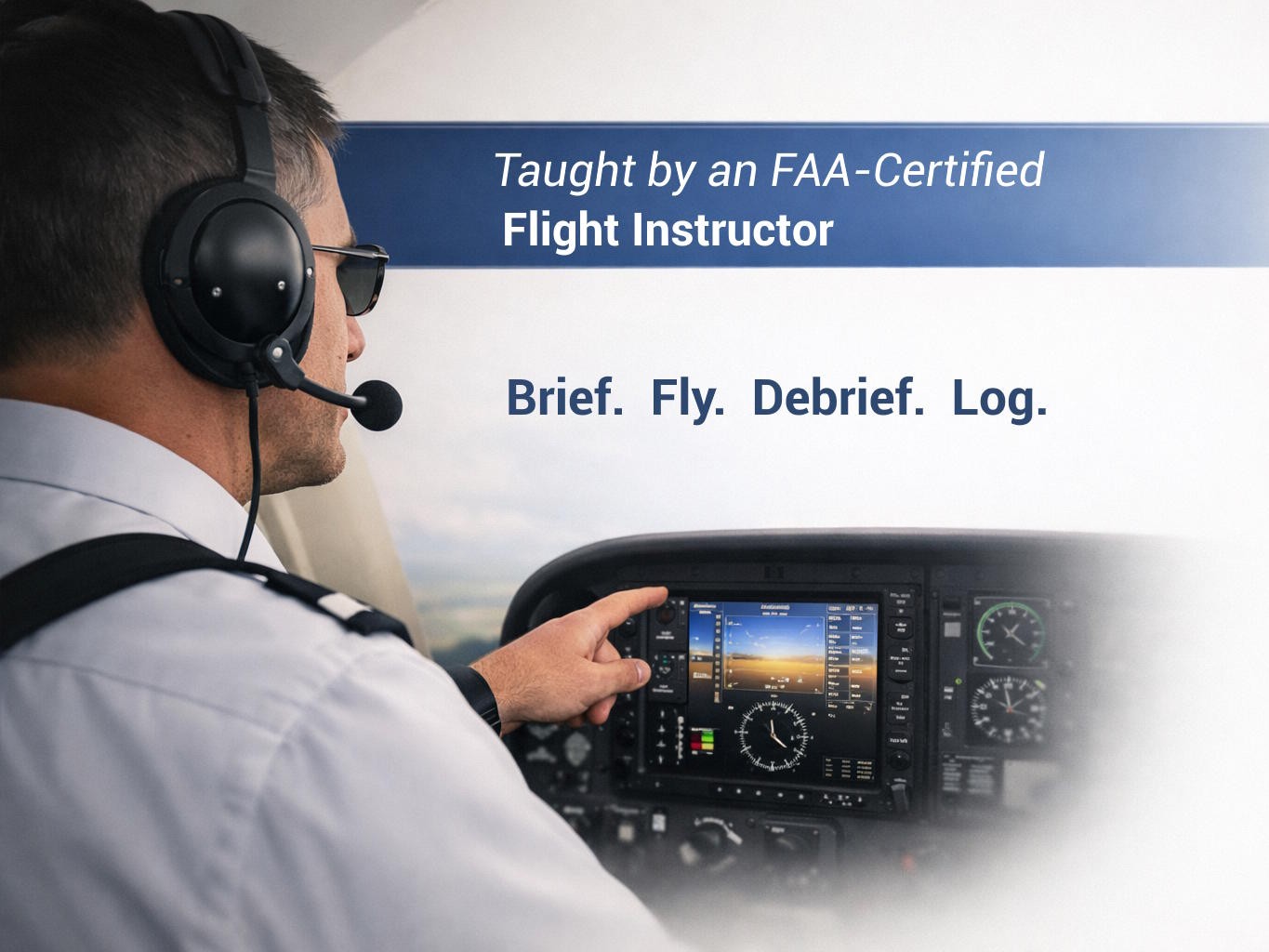 An FAA-certified flight instructor in headset and uniform interacting with a Garmin PFD in the cockpit, captioned 'Brief. Fly. Debrief. Log.'
